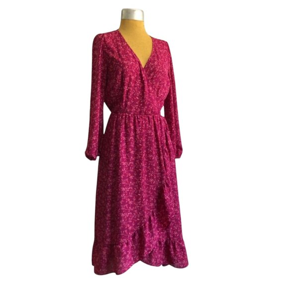 Old Navy Georgette Floral Faux Ruffle Fit & Flare Wrap V Neck Midi Dress - Picture 1 of 9